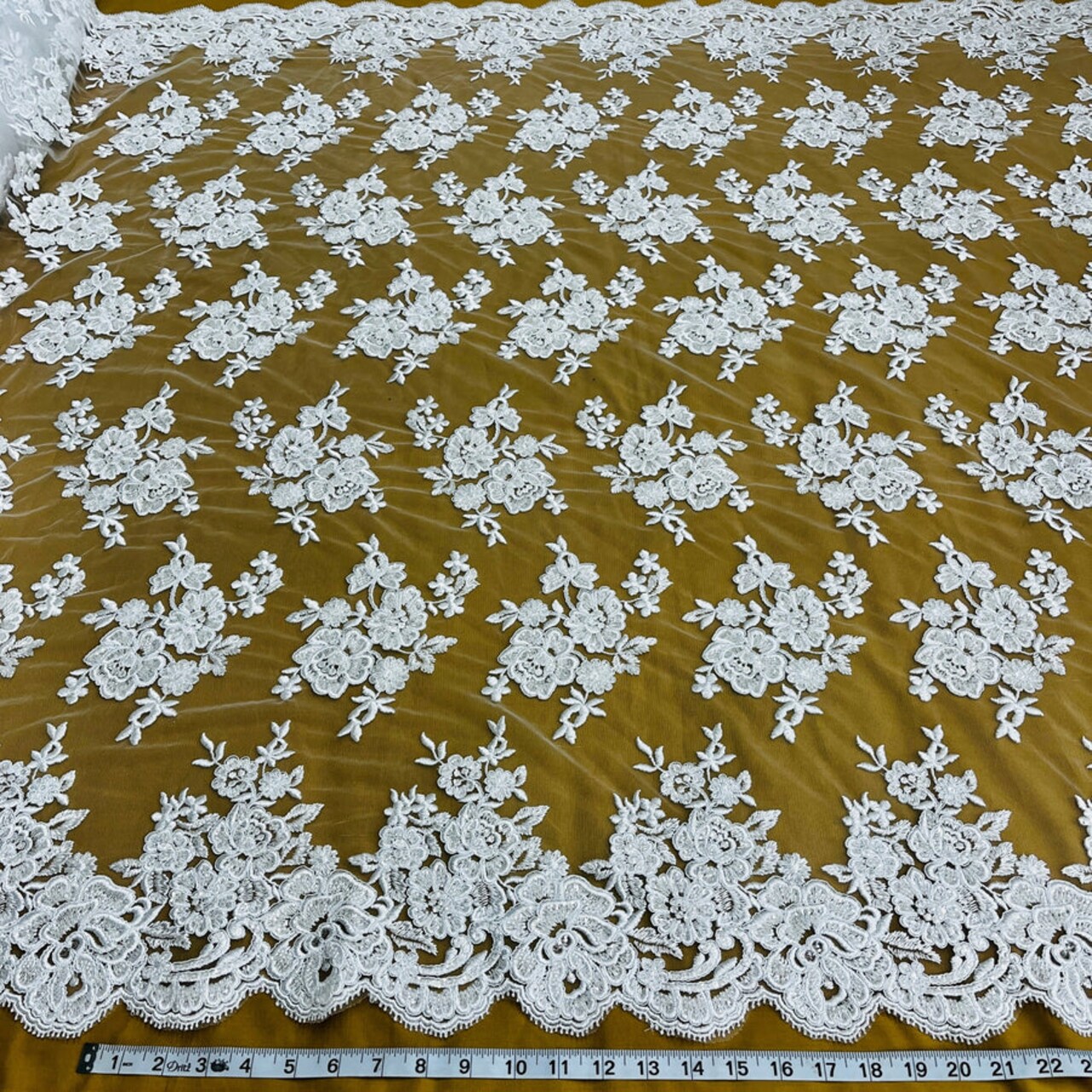 1 Yard Ivory with Silver Beaded and Corded Bridal Lace Fabric on Polyester Net Mesh 51 Inch Width